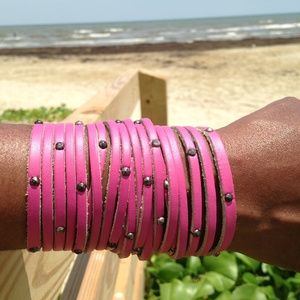 Pink Fringed & Studded Leather Bracelet